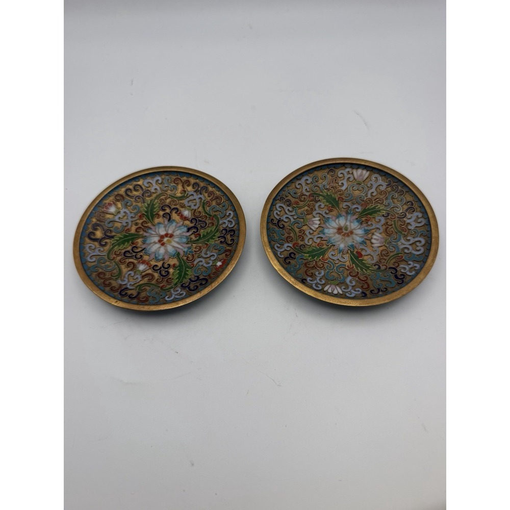 Pair Vintage Chinese Cloisonné Enamel Trinket Dishes Lotus Floral 4.25" Copper